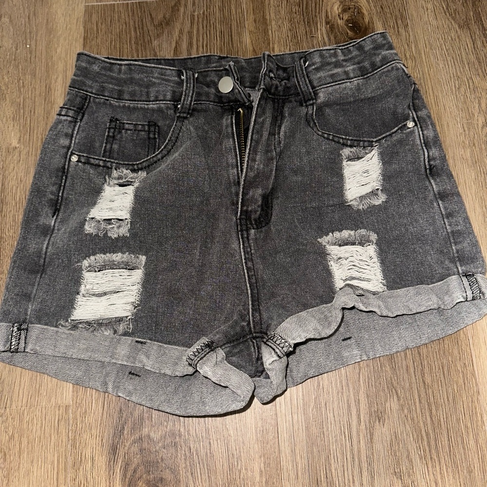 Distressed Black Denim Shorts